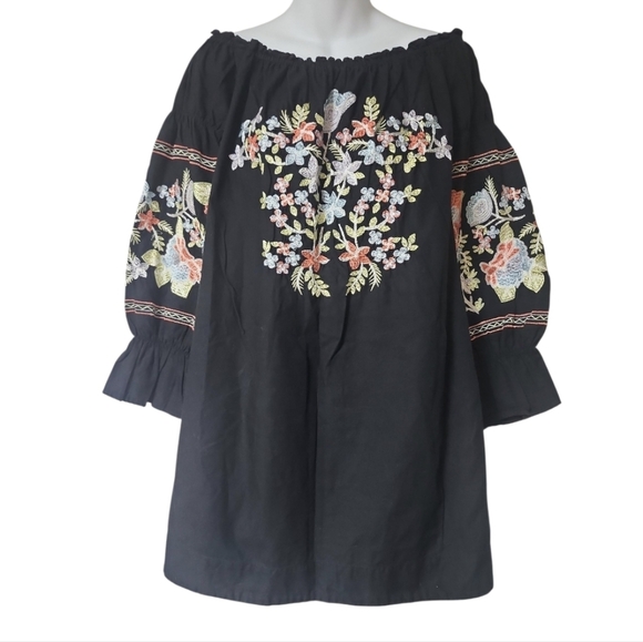 Free People Floral Embroidered Off-Shoulder Black Cotton Dress SZ M - Picture 1 of 8